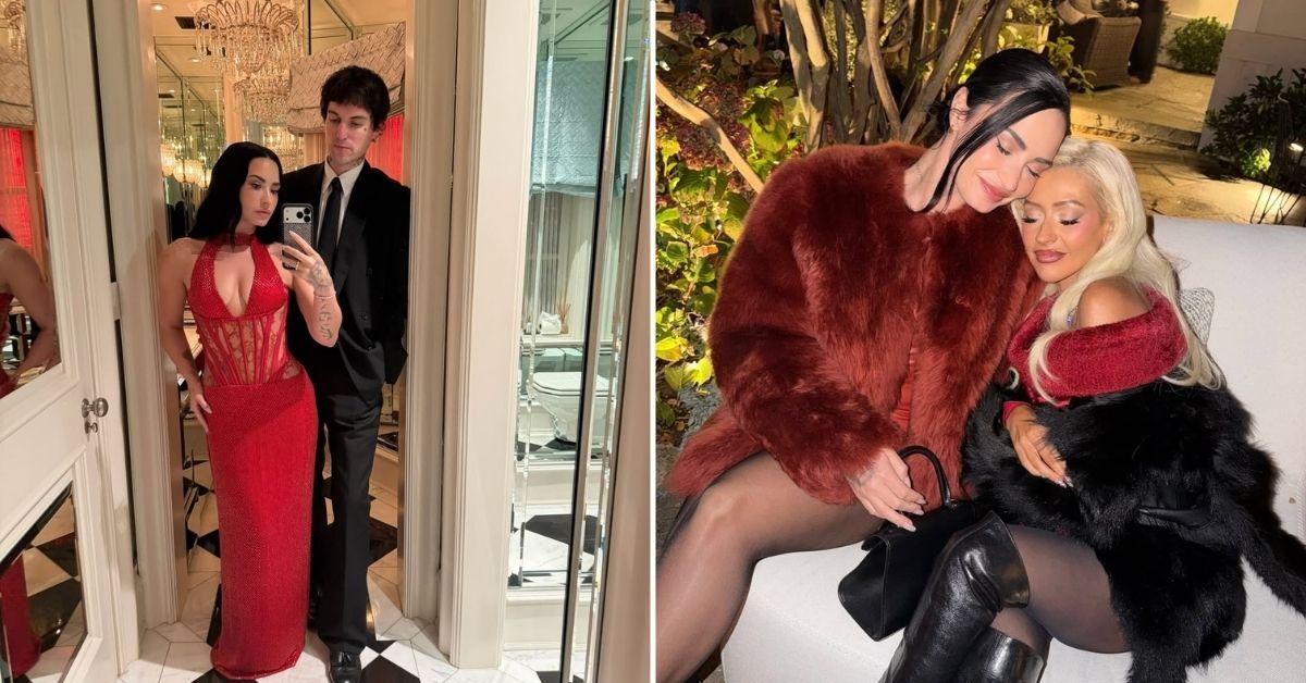 Photo of Demi Lovato turned heads in a siren-red plunging neckline dress.