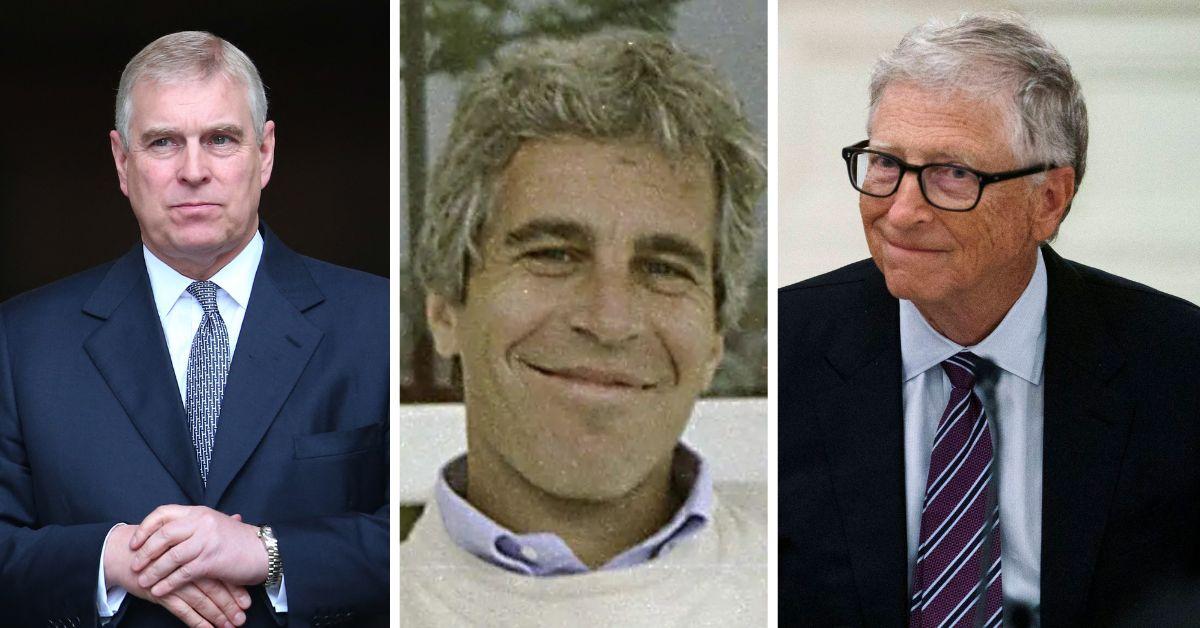 split photo of prince andrew, jeffrey epstein and bill gates