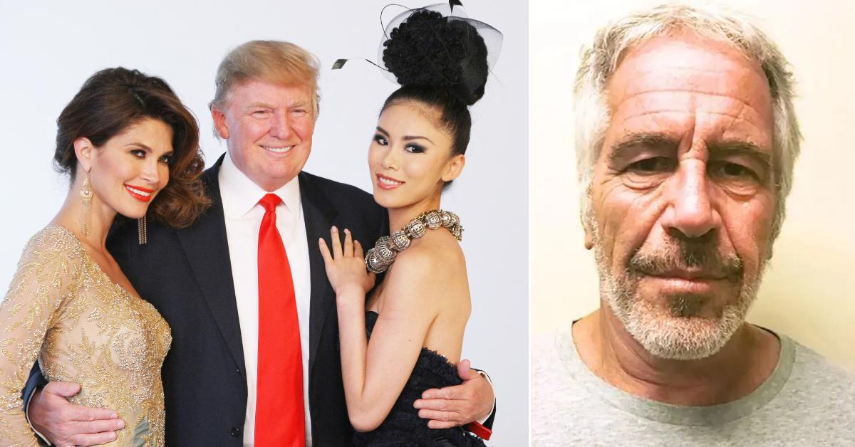 Split photo of Donald Trump with models and Jeffrey Epstein.