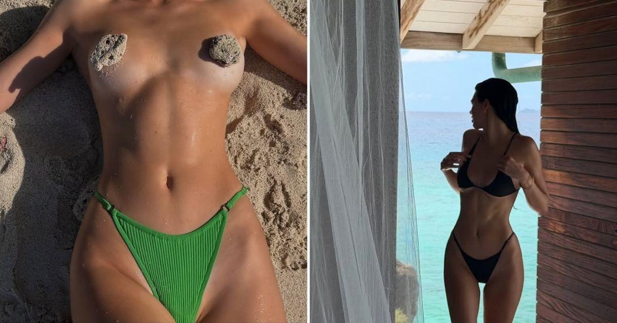 images of The catwalk queen bared it all on the beach. 