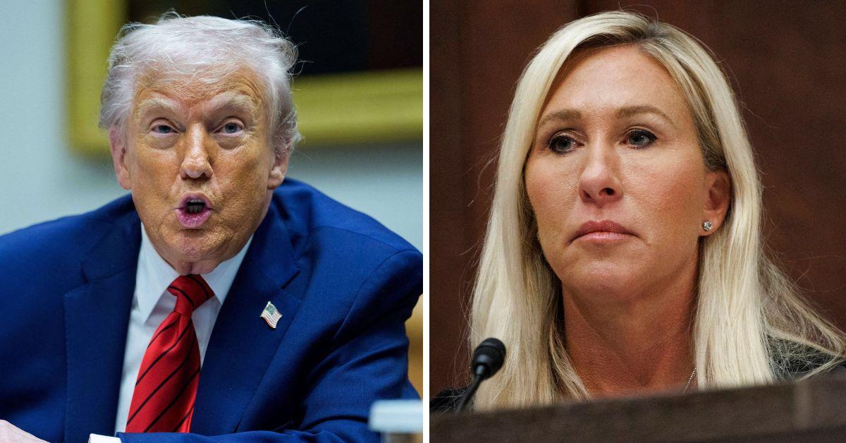 split photo of donald trump and marjorie taylor greene 
