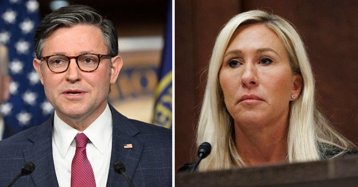 split photo of marjorie taylor greene and mike johnson