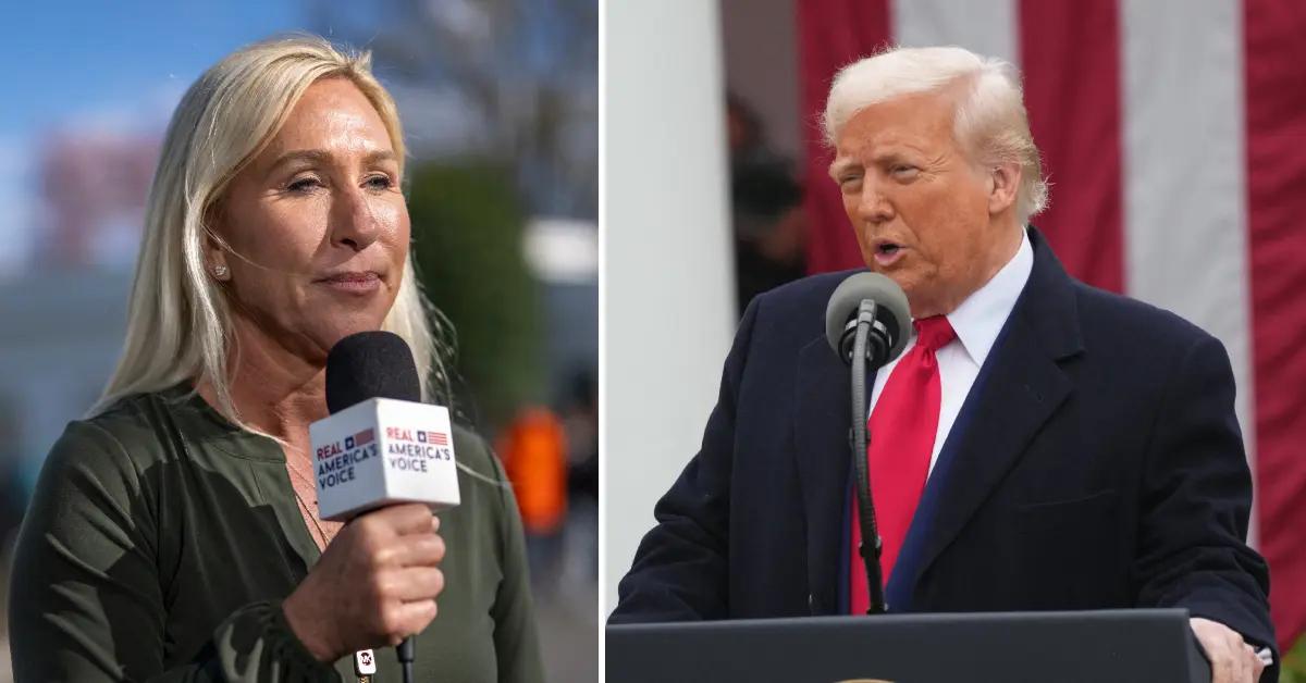 Split photo of Majorie Taylor Greene and Donald Trump.