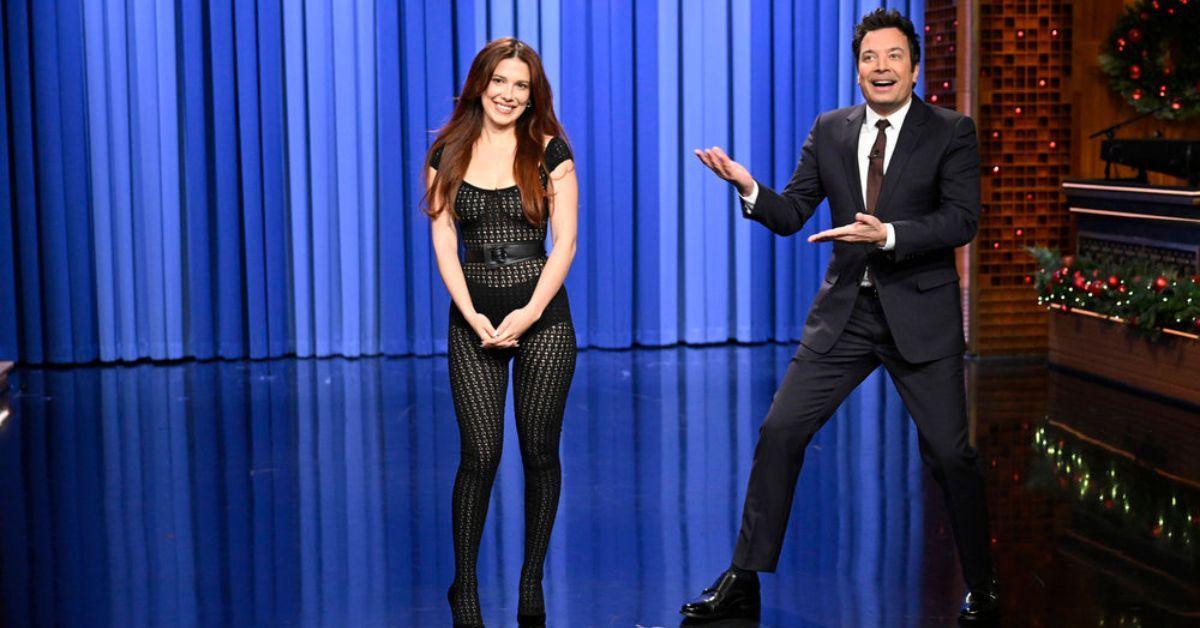 Photo of Millie Bobby Brown flaunted her curves in a skintight black jumpsuit. 