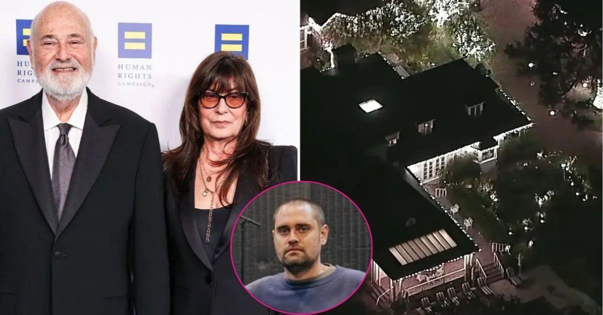 composite photo of michele and rob reiner, their brentwood home and their son nick reiner