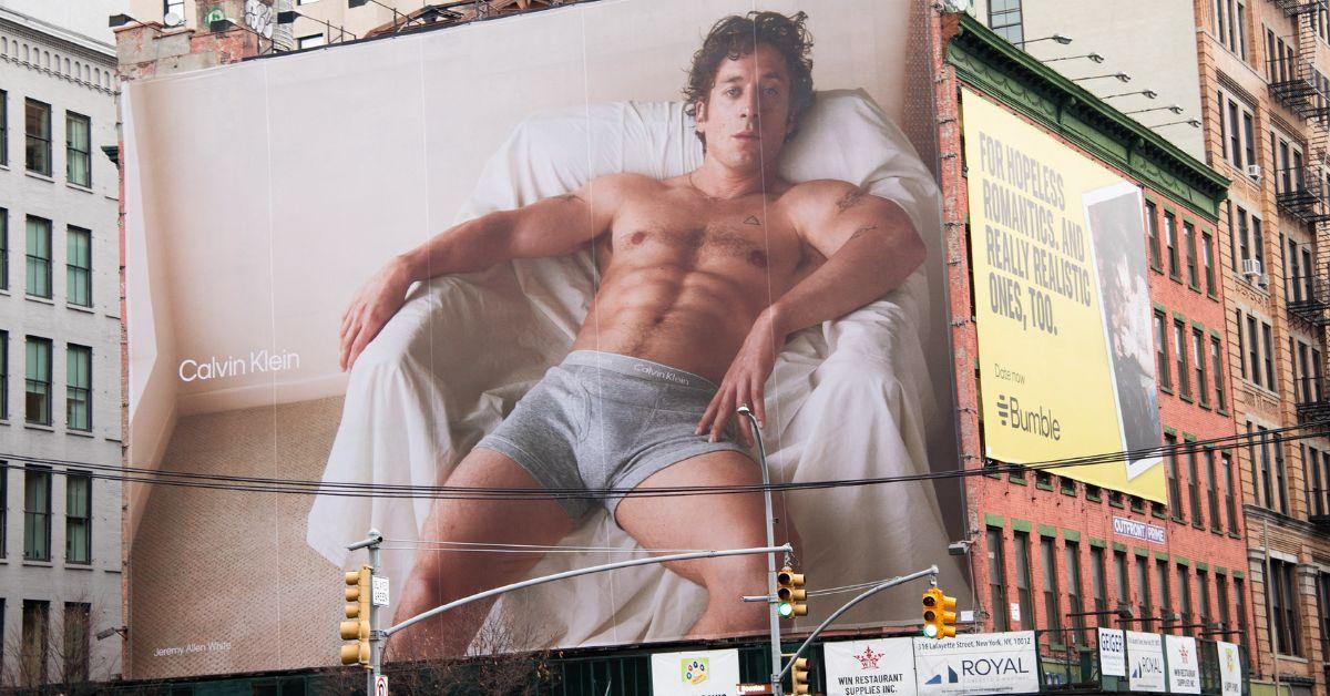 image of A billboard displaying Jeremy Allen White's Calvin Klein ad in New York City in December 2024.