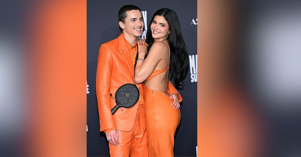Image of Timothée Chalamet and Kylie Jenner matched on the red carpet.