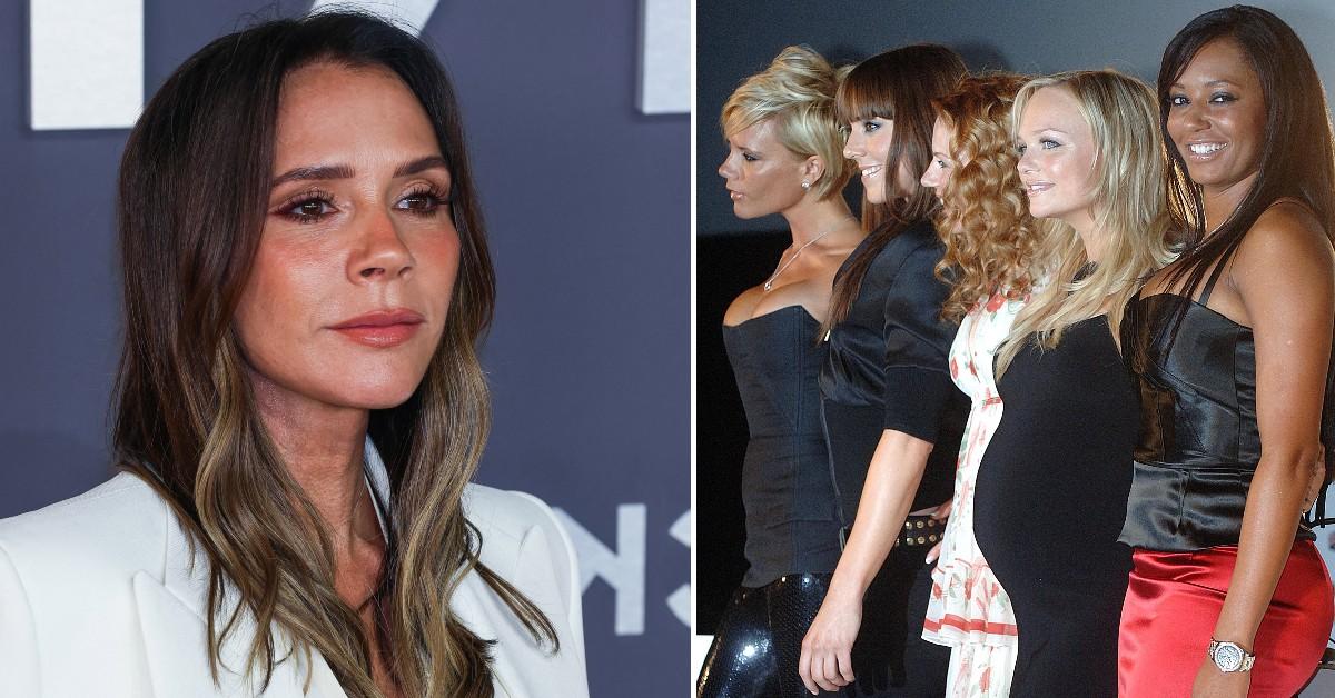 split photo of Victoria Beckham; the Spice Girls. 